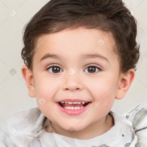 Joyful white child female with short  brown hair and brown eyes