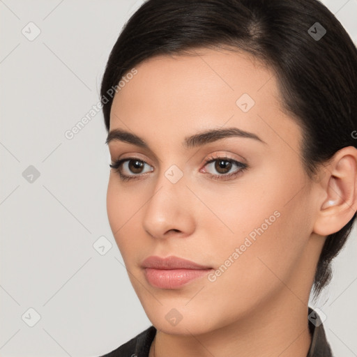 Neutral white young-adult female with medium  brown hair and brown eyes