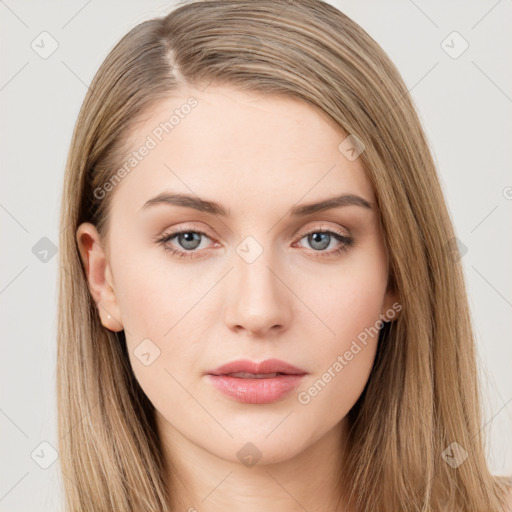 Neutral white young-adult female with long  brown hair and brown eyes