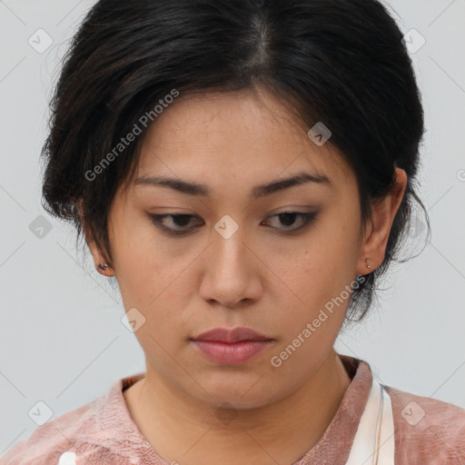 Neutral asian young-adult female with medium  brown hair and brown eyes