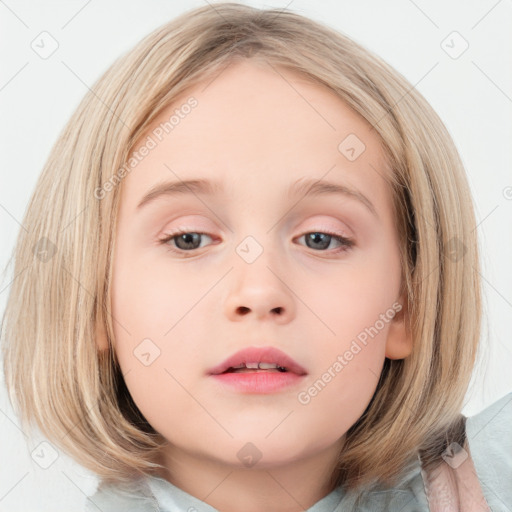 Neutral white child female with medium  brown hair and blue eyes