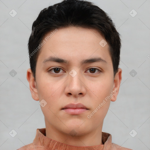 Neutral white young-adult male with short  brown hair and brown eyes