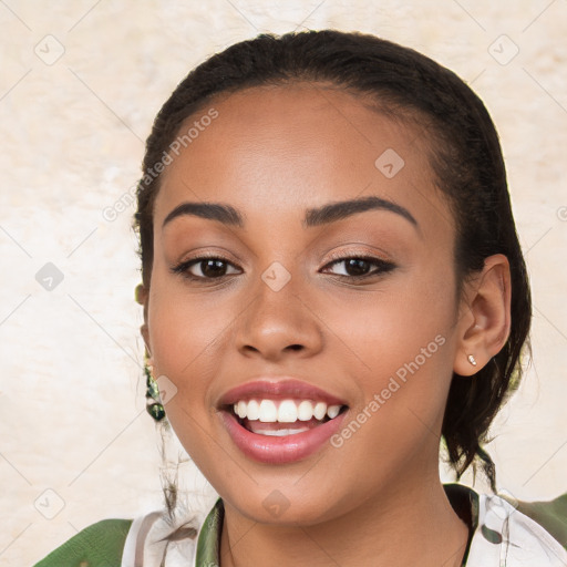 Joyful white young-adult female with medium  brown hair and brown eyes