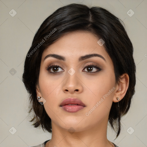 Neutral asian young-adult female with medium  black hair and brown eyes