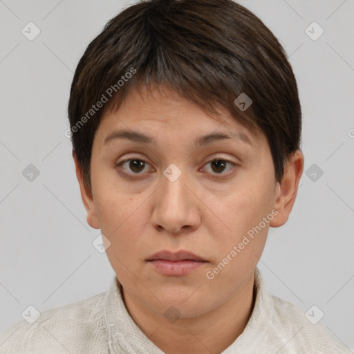 Neutral white young-adult female with short  brown hair and brown eyes