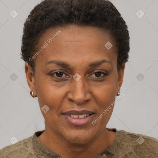 Joyful black adult female with short  brown hair and brown eyes