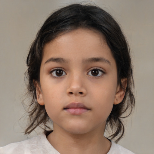 Neutral latino child female with medium  brown hair and brown eyes