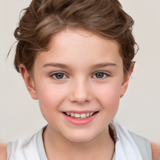 Joyful white child female with short  brown hair and brown eyes