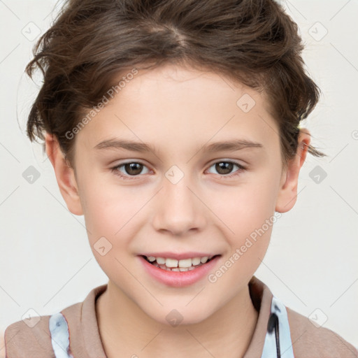 Joyful white child female with short  brown hair and brown eyes