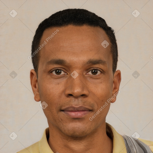 Neutral latino young-adult male with short  black hair and brown eyes