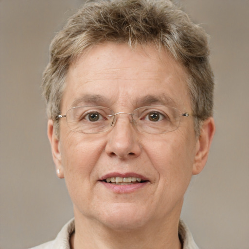 Joyful white middle-aged male with short  brown hair and grey eyes