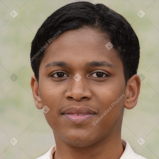 Neutral black young-adult female with short  brown hair and brown eyes