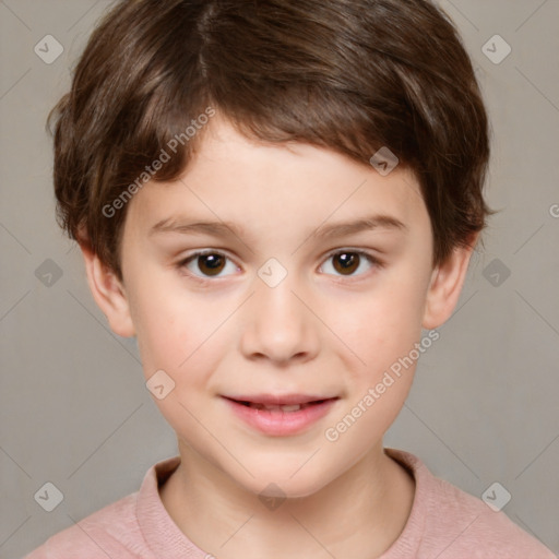 Joyful white child female with short  brown hair and brown eyes