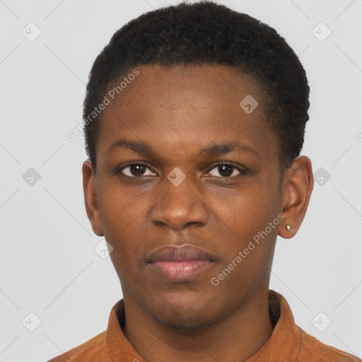 Neutral black young-adult male with short  black hair and brown eyes