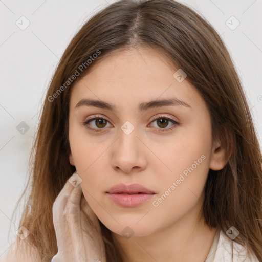 Neutral white young-adult female with medium  brown hair and brown eyes