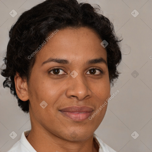 Joyful latino adult female with short  brown hair and brown eyes