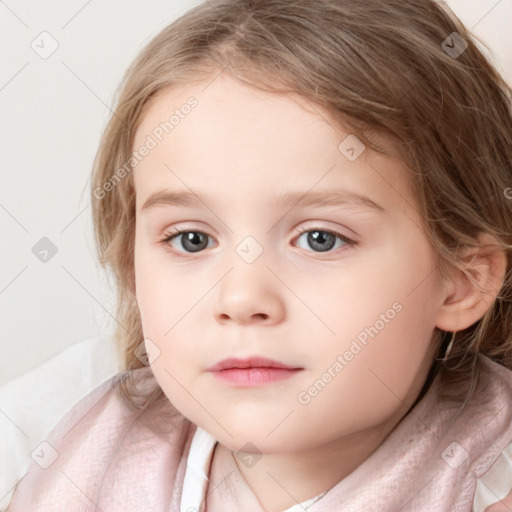 Neutral white child female with medium  brown hair and blue eyes