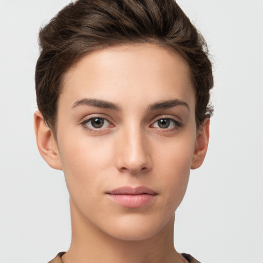 Neutral white young-adult female with short  brown hair and brown eyes