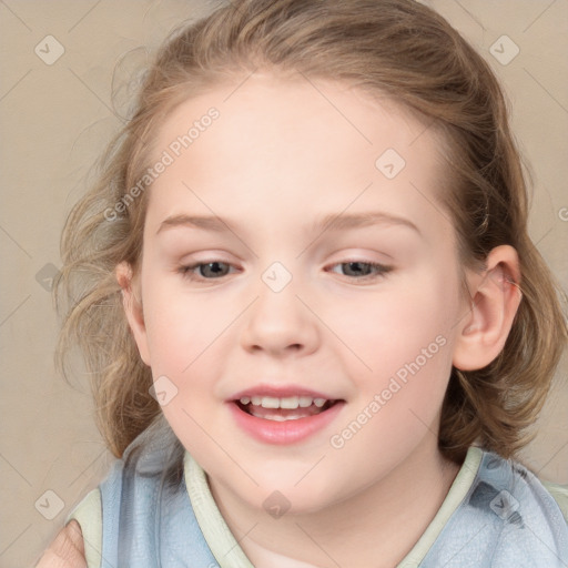 Joyful white child female with medium  brown hair and blue eyes