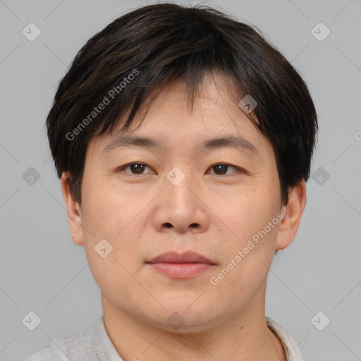 Joyful asian young-adult male with short  brown hair and brown eyes