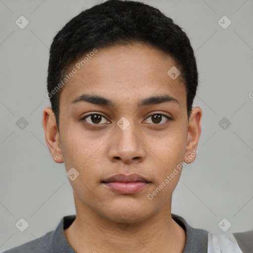 Neutral latino young-adult male with short  black hair and brown eyes