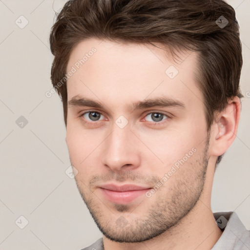 Neutral white young-adult male with short  brown hair and grey eyes