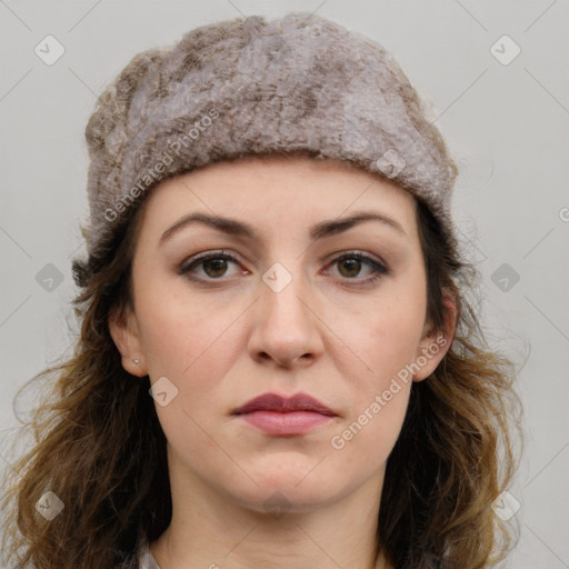 Neutral white young-adult female with long  brown hair and grey eyes