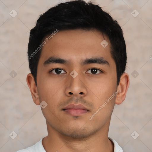 Neutral asian young-adult male with short  black hair and brown eyes