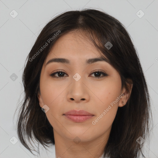 Neutral asian young-adult female with medium  brown hair and brown eyes