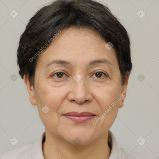 Joyful white adult female with short  brown hair and brown eyes