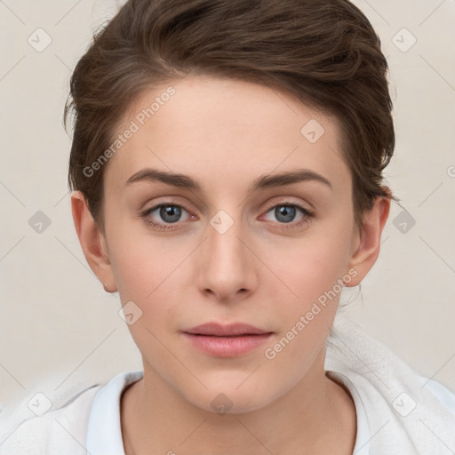 Neutral white young-adult female with short  brown hair and brown eyes