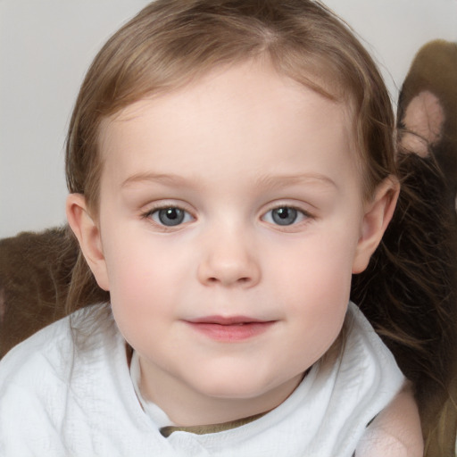 Joyful white child female with medium  brown hair and blue eyes