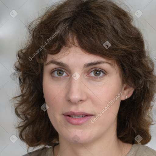 Joyful white young-adult female with medium  brown hair and green eyes