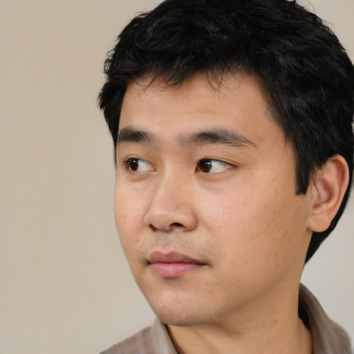 Neutral asian young-adult male with short  black hair and brown eyes