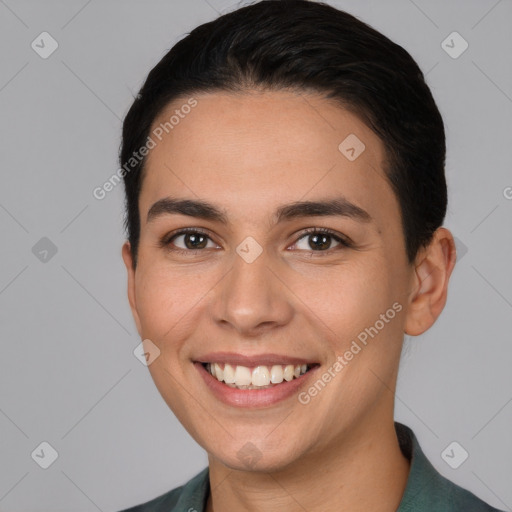 Joyful white young-adult female with short  brown hair and brown eyes