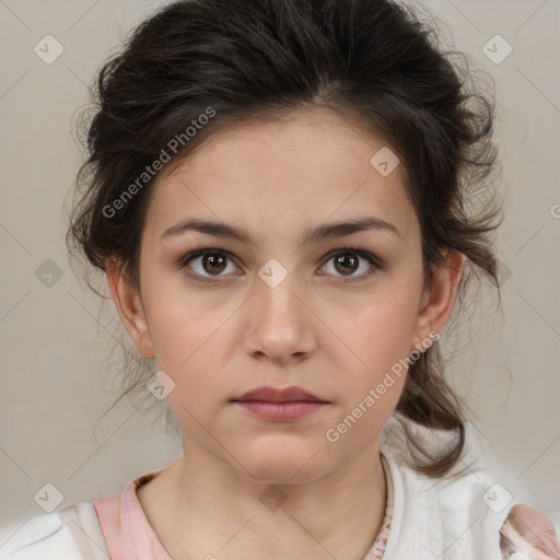 Neutral white young-adult female with medium  brown hair and brown eyes