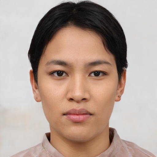 Neutral asian young-adult female with short  black hair and brown eyes
