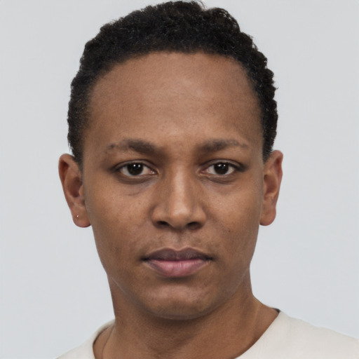 Neutral black young-adult female with short  black hair and brown eyes