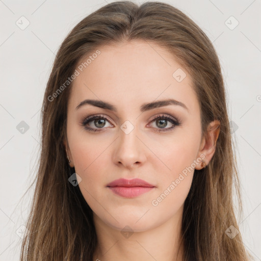 Neutral white young-adult female with long  brown hair and brown eyes