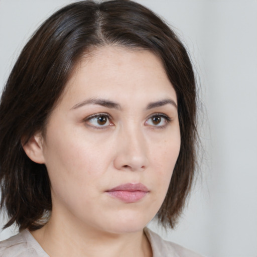 Neutral white young-adult female with medium  brown hair and brown eyes