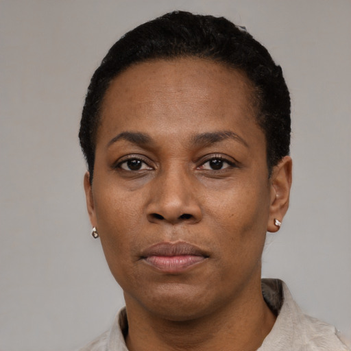 Neutral black adult female with short  black hair and brown eyes