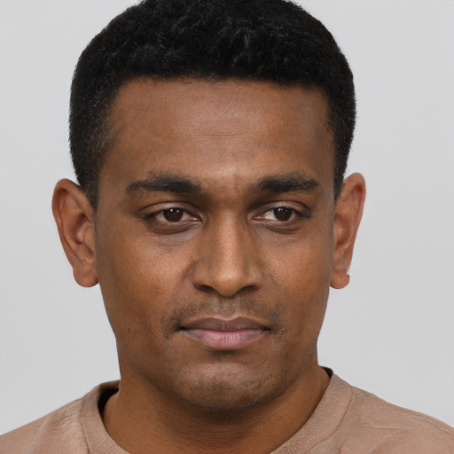 Neutral black young-adult male with short  black hair and brown eyes