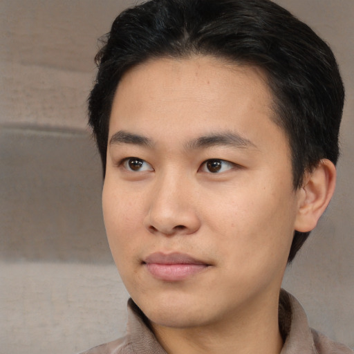 Neutral asian young-adult male with short  brown hair and brown eyes