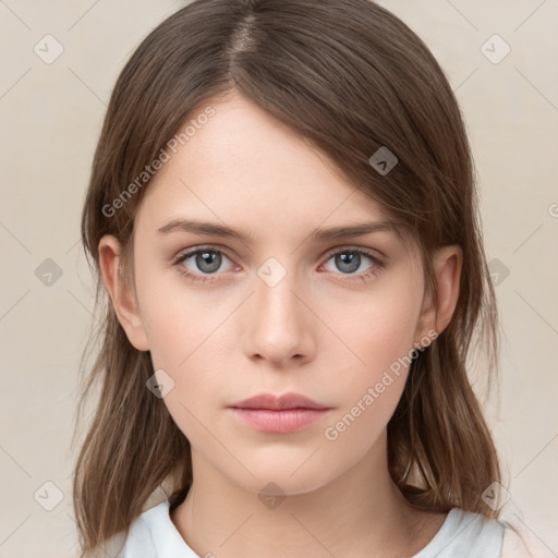 Neutral white young-adult female with medium  brown hair and grey eyes