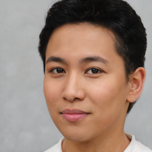 Joyful asian young-adult female with short  brown hair and brown eyes