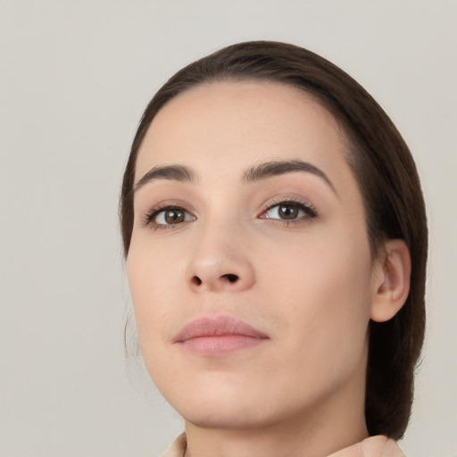 Neutral white young-adult female with medium  brown hair and brown eyes