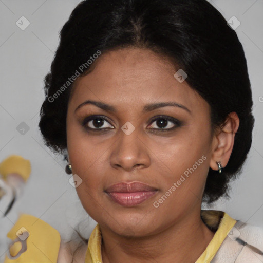 Joyful black young-adult female with medium  brown hair and brown eyes