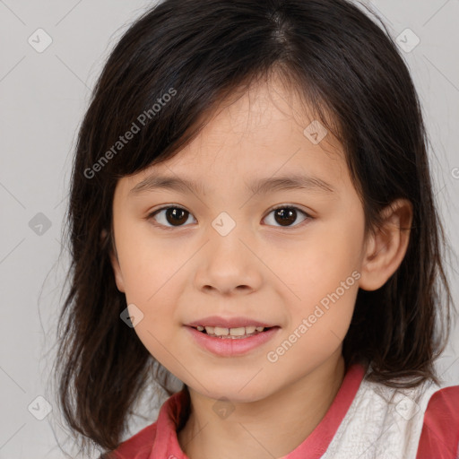 Joyful white child female with medium  brown hair and brown eyes