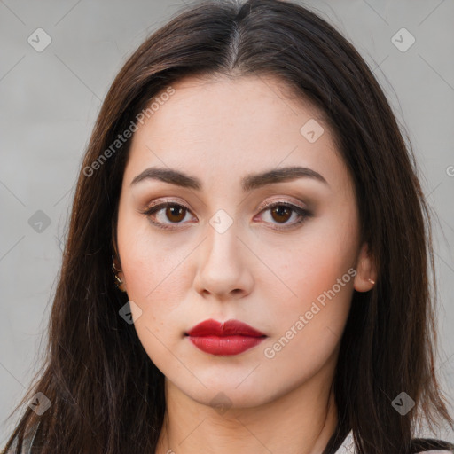 Neutral white young-adult female with long  brown hair and brown eyes