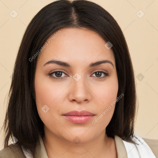 Neutral white young-adult female with medium  brown hair and brown eyes